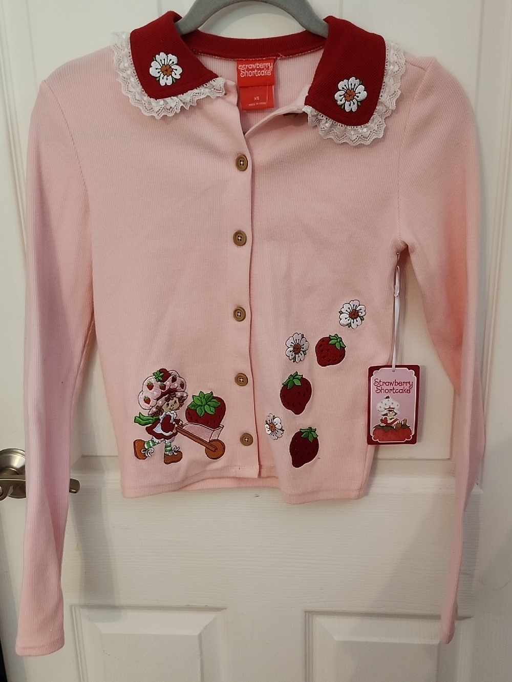 Strawberry Shortcake Pink Button-Down Shirt with Red Peter Pan Collar